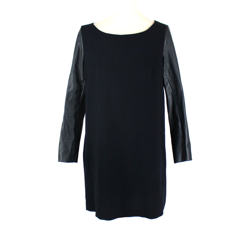 Maje Hence Leather Sleeve Dress Navy Blue Mini Boat Neck Sheath Dress Size 3 L